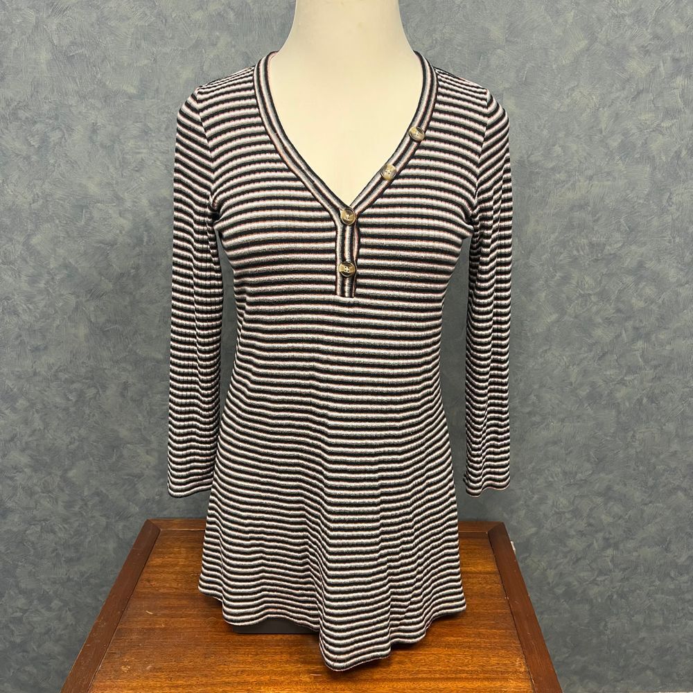 American Eagle Striped Henley Long Sleeve Dress‎ Black Gray Casual V-Neck L/G/G